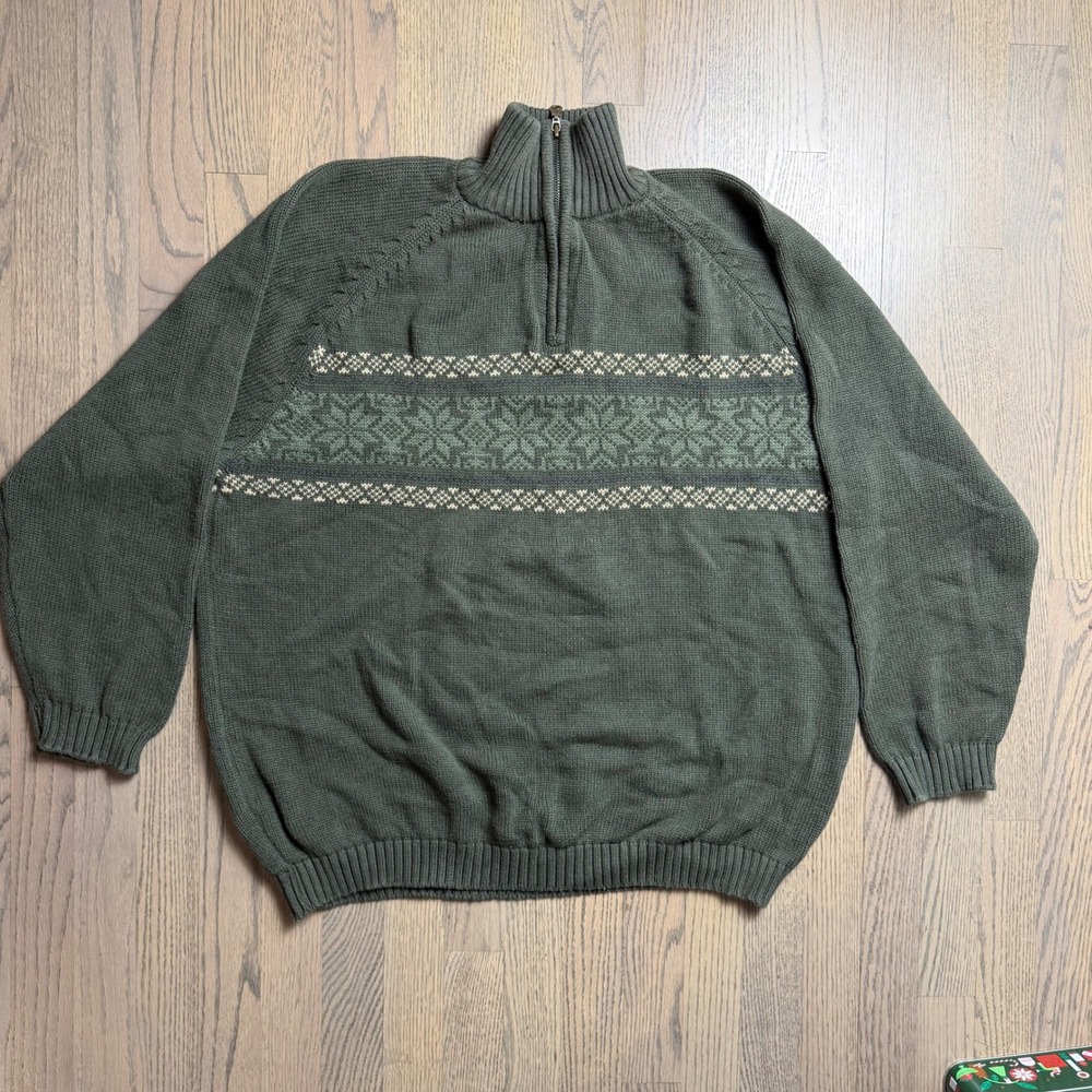 Vtg Cherokee Men's Green Fair Isle Half Zip Mock Neck Sweater XXL 100% Cotton